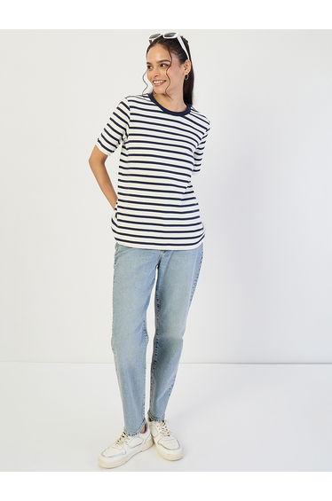 Navy Striped Knit Crew Neck T-Shirt