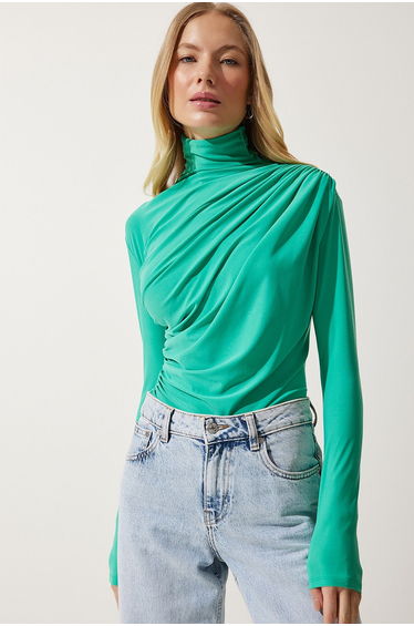 Women's Light Green Gathered Detailed High Neck Sandy Blouse