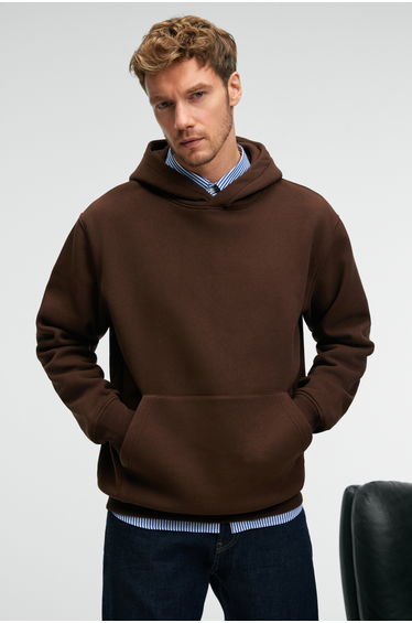 GRIMELANGE AMOS Men's Soft Fabric 3-Ply Oversize Hoodie with Kangaroo Pocket in Dark Brown