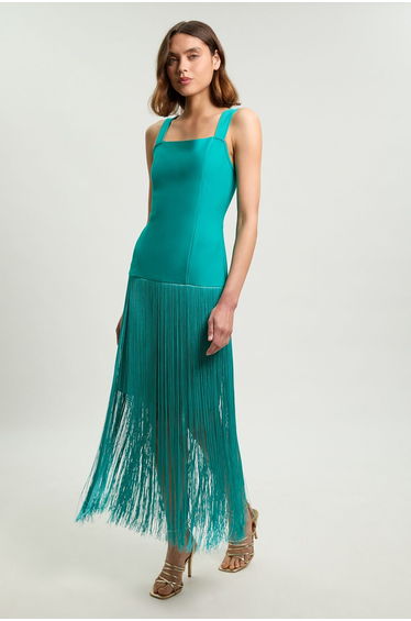 Petite Figure Form Bandage Strappy Tassel Hem Knitted Dress