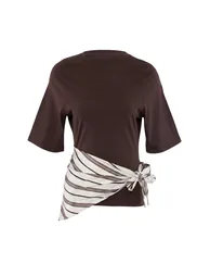 Brown Plain Regular Crew Neck Short Shawl Detailed 100% Cotton Knitted T-Shirt - 4