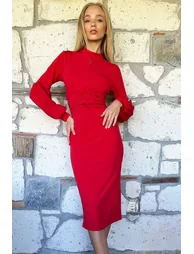 Women's Red Draped Waist Stand Up Collar Balloon Sleeve Dress