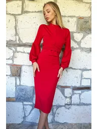 Women's Red Draped Waist Stand Up Collar Balloon Sleeve Dress - 2