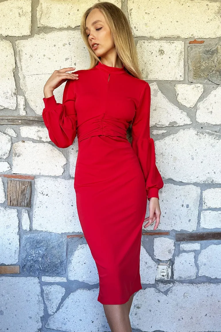 Women's Red Draped Waist Stand Up Collar Balloon Sleeve Dress - 3