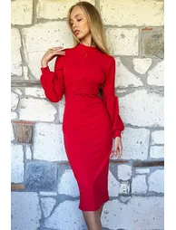 Women's Red Draped Waist Stand Up Collar Balloon Sleeve Dress - 3