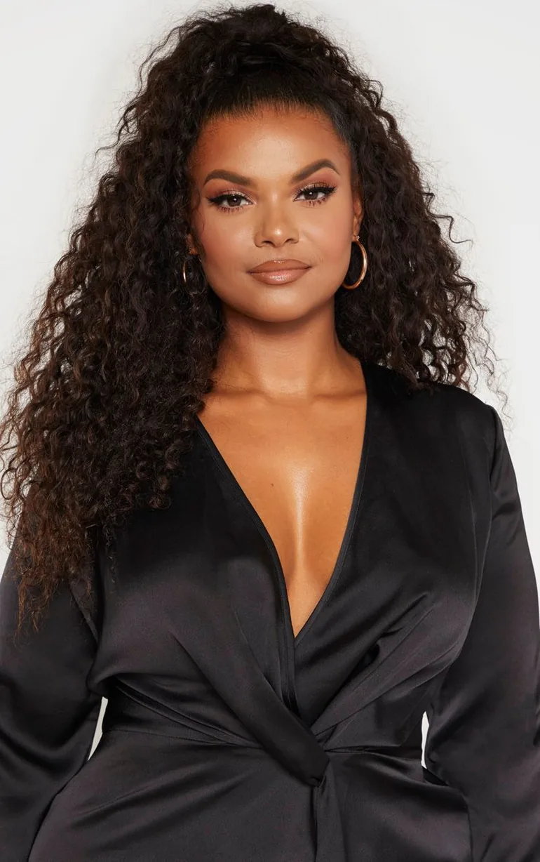 Shop Plus Black Satin Long Sleeve Wrap Dress Online in Oman