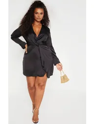 Plus Black Satin Long Sleeve Wrap Dress - 3