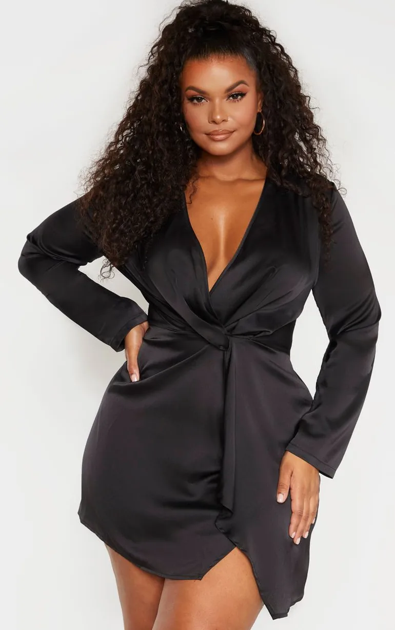 Plus Black Satin Long Sleeve Wrap Dress