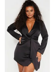 Plus Black Satin Long Sleeve Wrap Dress
