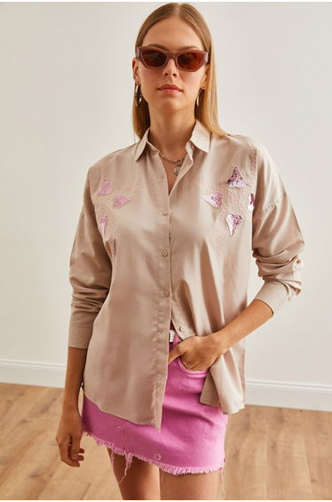 Women's Heart Stone Palm Tree Sequin Detailed Woven Shirt