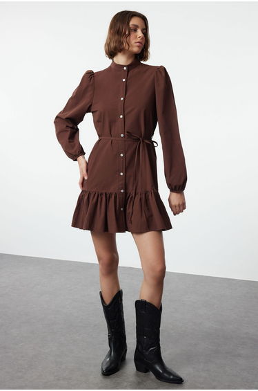 Brown Belted Plain Mini Belted Long Sleeve Mini Woven Dress