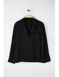 Black shirt with collar and pocket detail, woven plus size shirt - 3