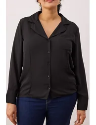 Black shirt with collar and pocket detail, woven plus size shirt - 6