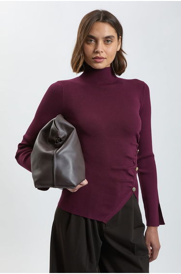 Asymmetric Fastening Viscose Knit Jumper
