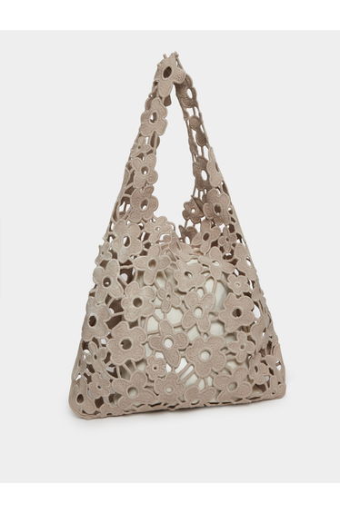 Beige Floral Crochet Tote Bag