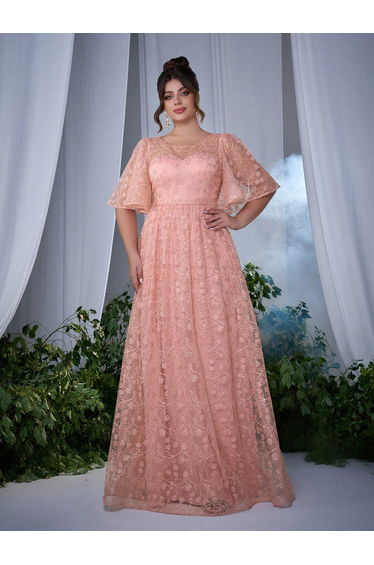 Leely Plus Women's Elegant Round Neck Bishop Sleeve Party Dresses