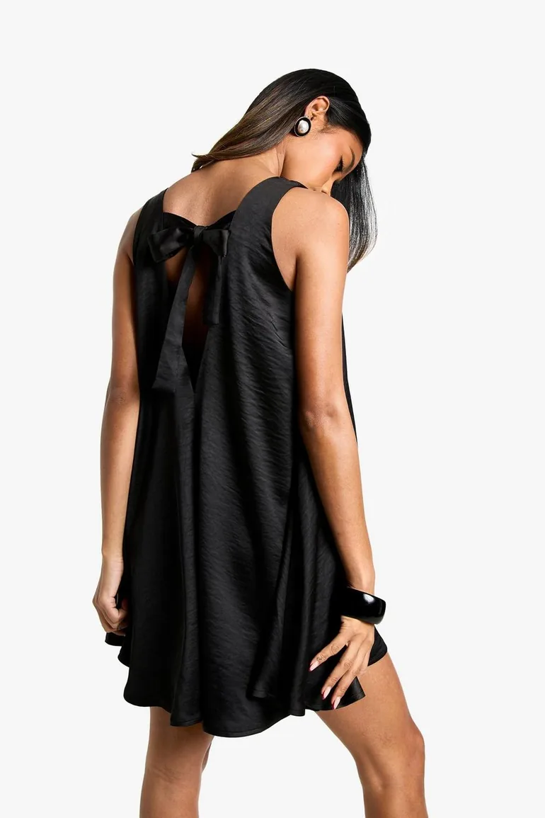 Textured Satin Slash Neck Tie Back Swing Dress - black - 2