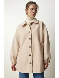 Women's Beige Buttoned Pocket Oversize Shirt Jacket - 3