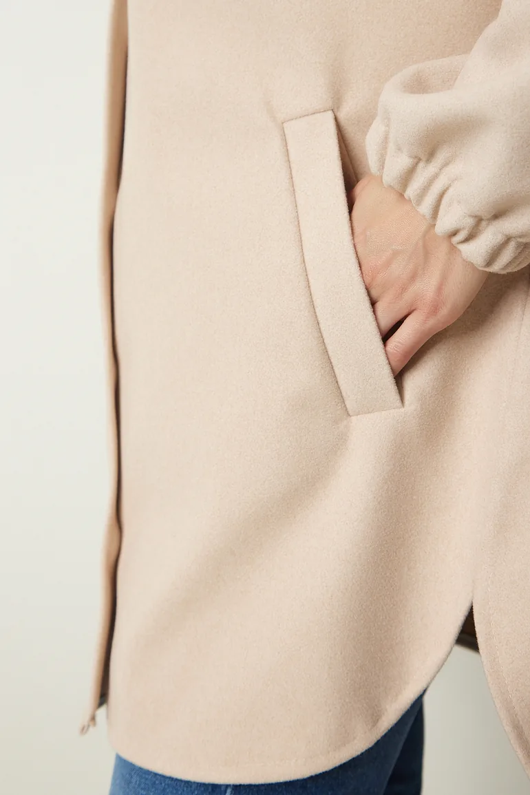 Women's Beige Buttoned Pocket Oversize Shirt Jacket - 5