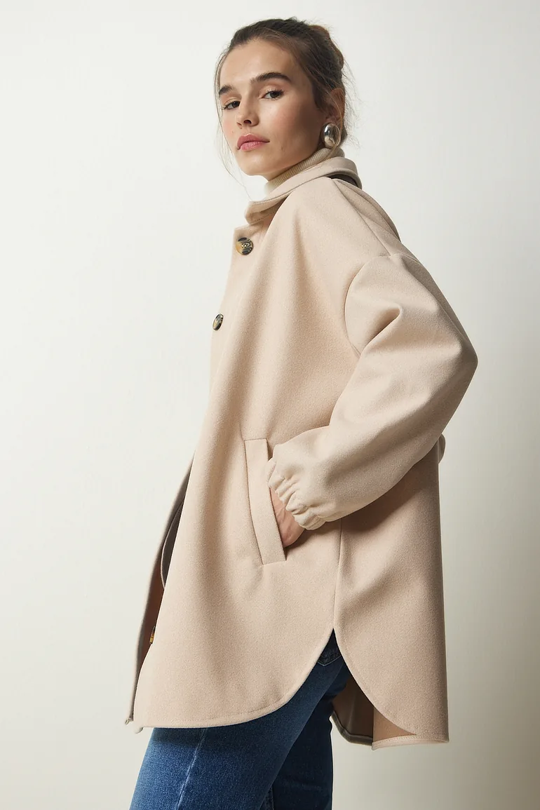 Women's Beige Buttoned Pocket Oversize Shirt Jacket - 1