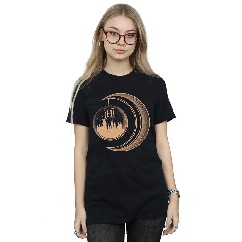 Harry Potter Womens/Ladies Hogwarts Moon Cotton Boyfriend T-Shirt - Black - 1