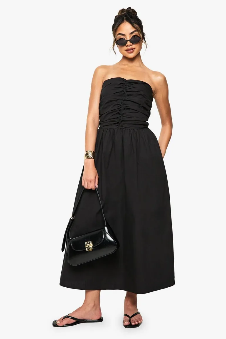 Cotton Poplin Ruched Detail Midi Dress - black - 1