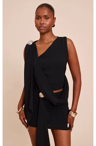 Black Textured Cowl Neck Drape Detail Top