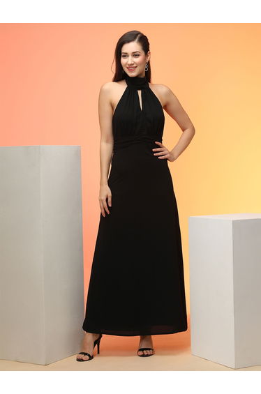 Black Tie-Up Halter Neck A-Line Maxi Dress