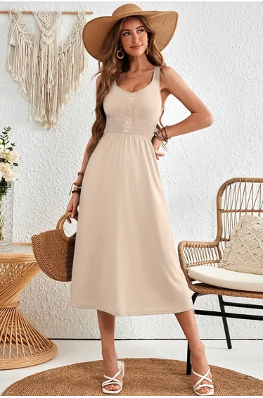 Lvness Apricot Button Shirred High Waist Sleeveless Midi Dress
