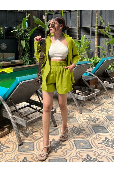 Green Plain Cotton Shirt and Shorts Co-Ords