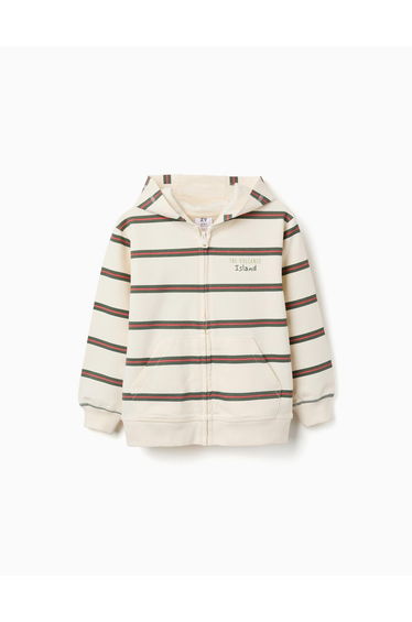 Cotton hooded jacket with stripes for boys, beige/orange/green