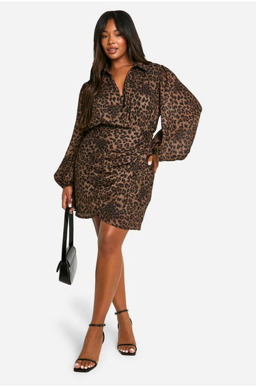 Plus Leopard Print Blouson Sleeve Wrap Dress - leopard