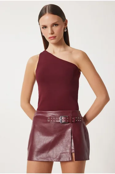 Women's Burgundy One Shoulder Wrap Knit Top