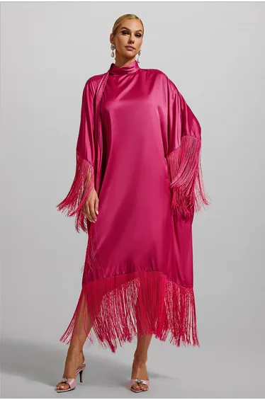 Fabienne Satin Tassel High Neck Midi Dress in Fuchsia