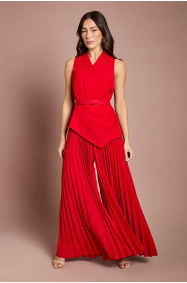 Pleated Neckline Belted Jumpsuit