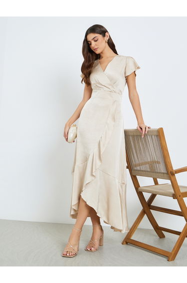Women Cream Satin Wrap Maxi Dress