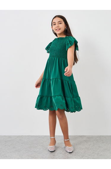Laser Cut Detail Smocked Tiered Dress