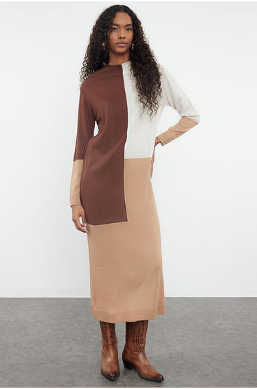 Brown Color Block Knitwear Dress