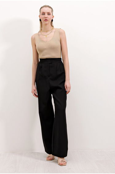 High Waist Fabric Trousers - Black