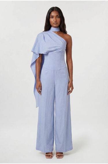 Premium Tailored Linen High Neck One Shoulder Wide Leg Jumpsuit