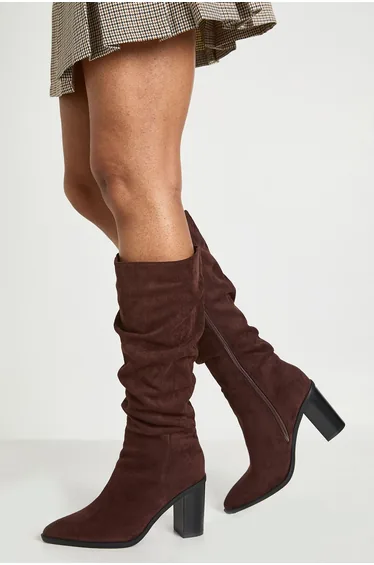 Faux Suede Mid Block Heel Knee High Boots - chocolate