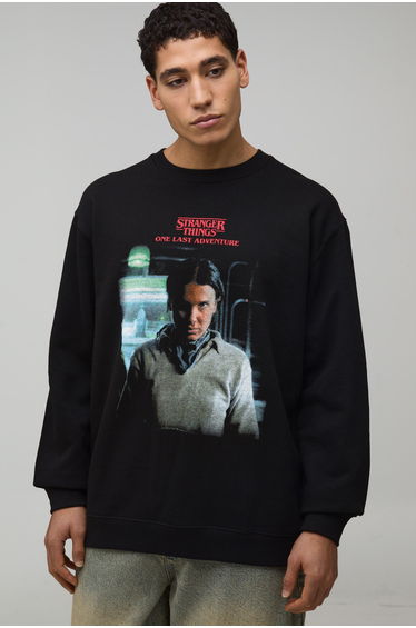 Oversized Stranger Things License Printed Sweatshirt - black