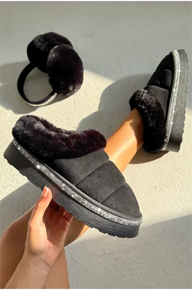 Lemonade Crystal Trim Soft Touch Slippers Black