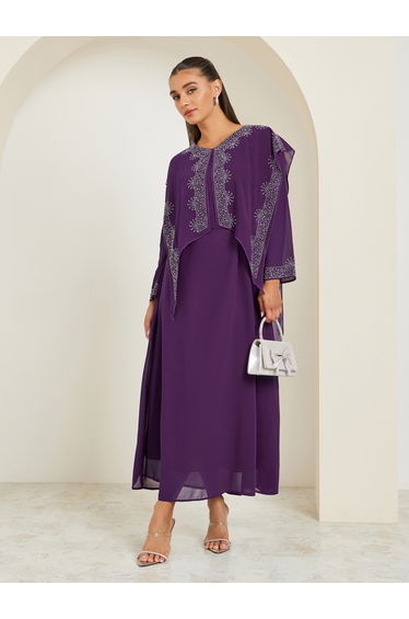 Purple Embellished Cape Maxi Dress