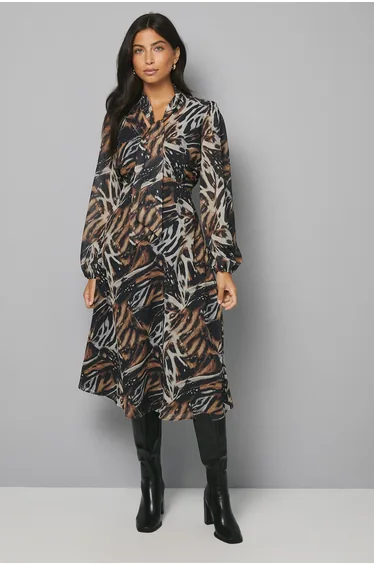 Abstract Animal Pussybow Tie Neck Midi Dress