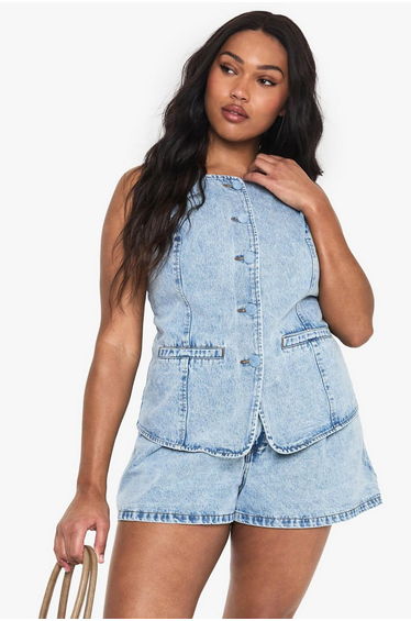 Plus Denim Self Fabric Button Waistcoat