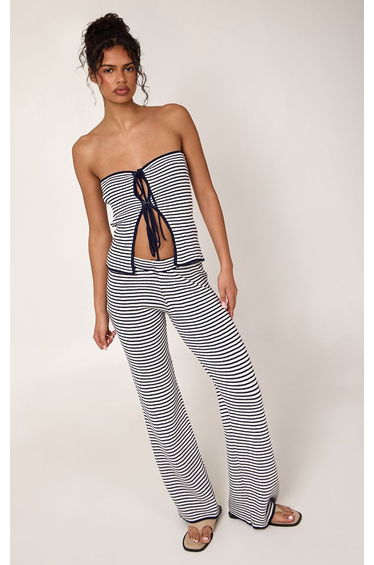 Navy Striped Strapless Front Tie Knitted Top