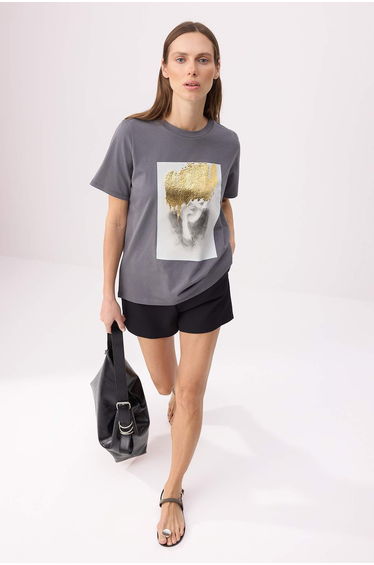Anthracite Printed Regular Fit Short Sleeve Foil 100% Cotton Knitted T-Shirt
