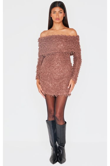 Mocha Textured Long Sleeve Fold Over Bardot Mini Dress