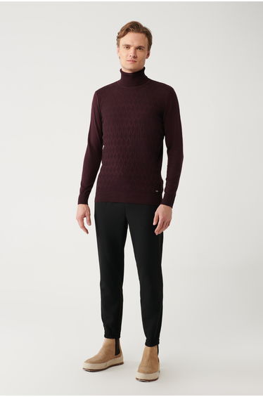 Men's Burgundy Turtleneck Cotton Patterned Knitwear Sweater